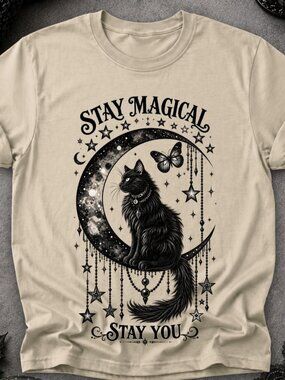 Black Cat TShirt Graphic Tee Unisex Stay Magical Stay You Witchy Moon Stars